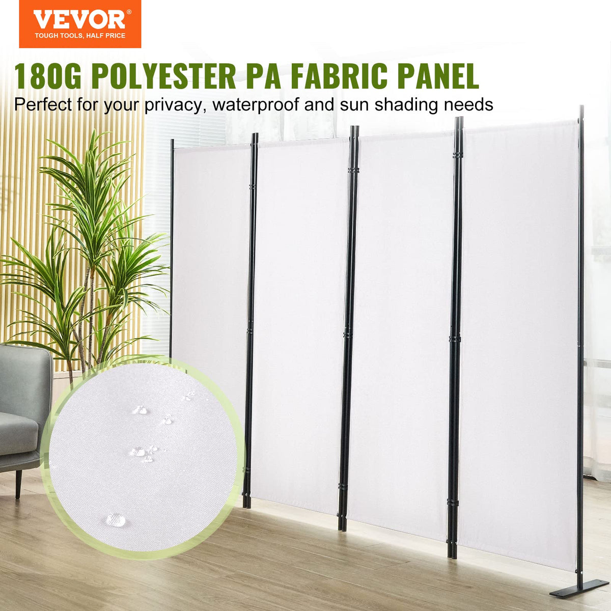 White 4-Panel Coated-Fabric Room Divider – 224 × 171cm