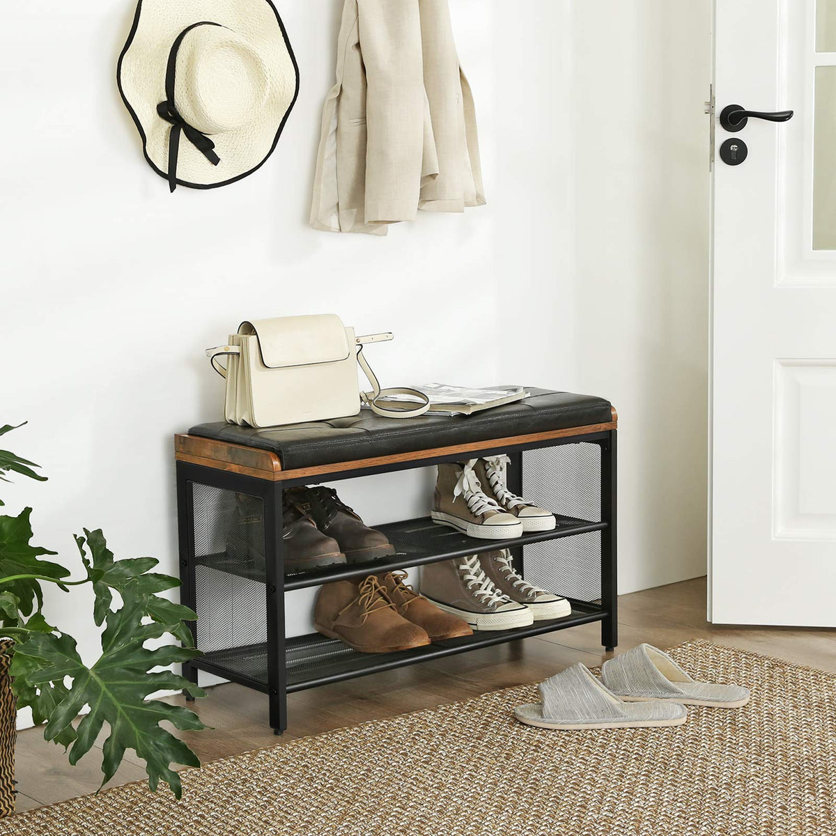 80 cm Padded Shoe Bench with Mesh Shelf – Rustic Brown