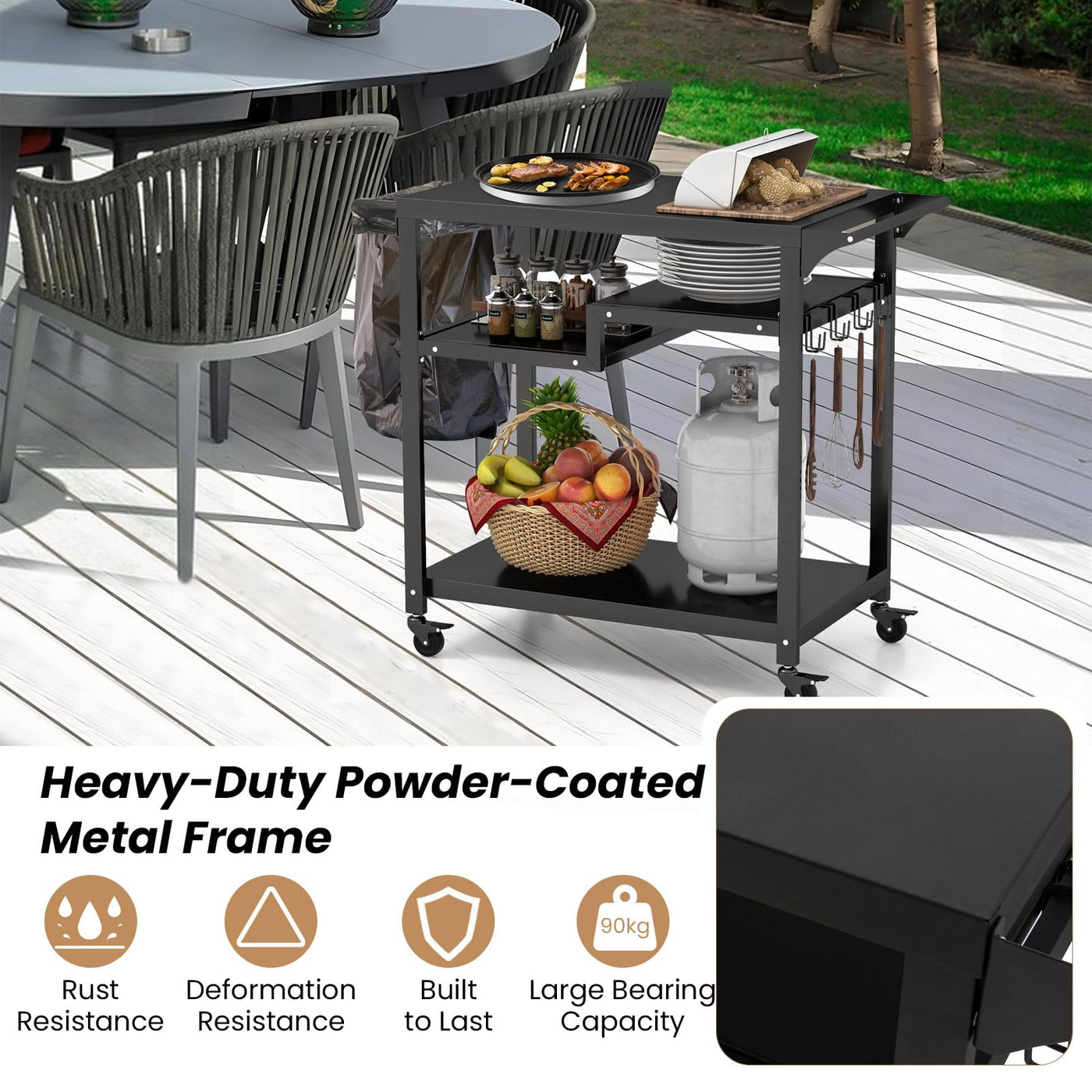 3-Shelf Outdoor BBQ & Pizza-Oven Prep Cart