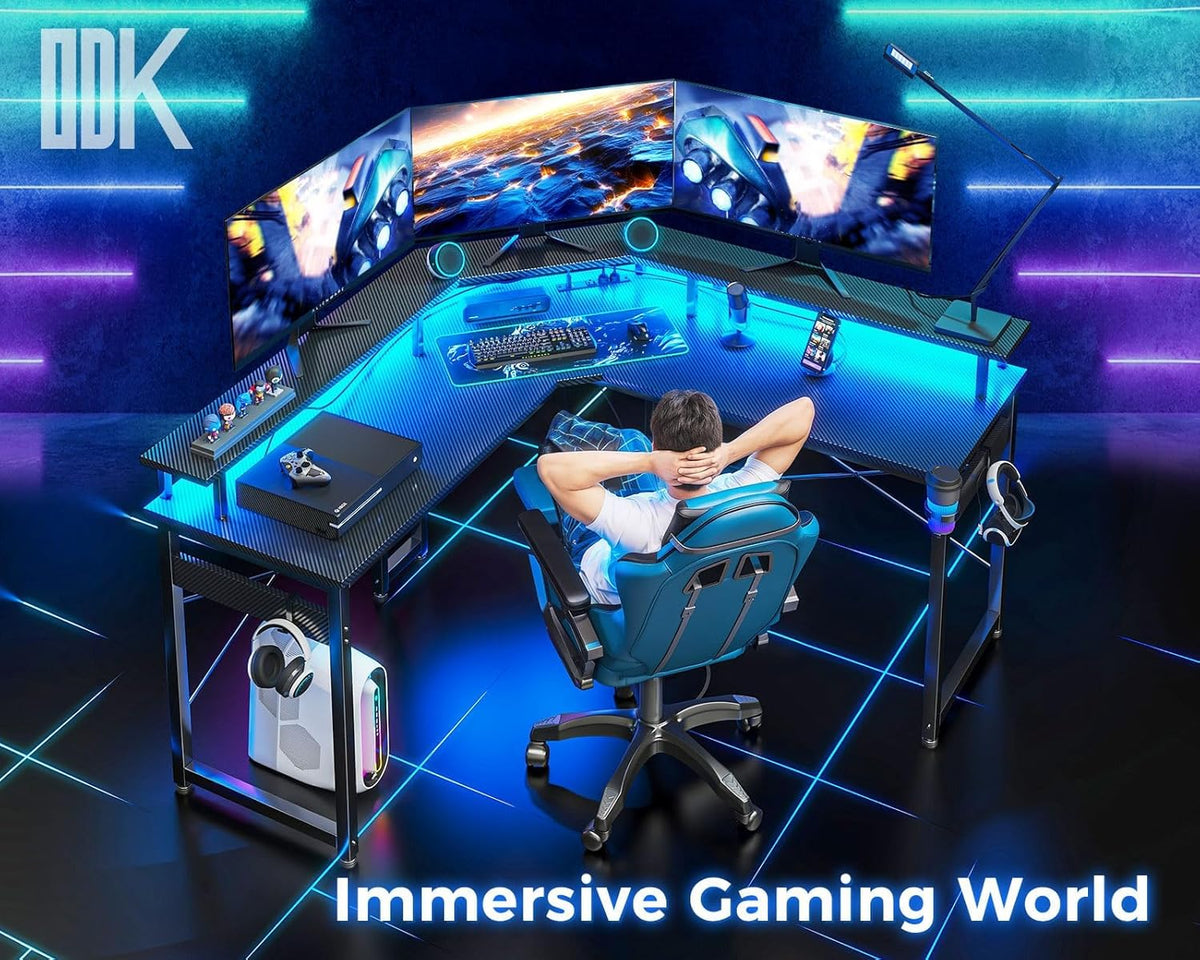 ODK L-Shaped Gaming Desk with LED Lights & USB Charging