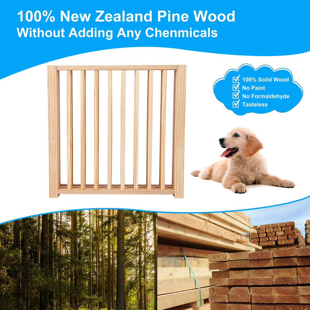 5-Panel Pine Freestanding Pet Gate – 304 × 43 cm