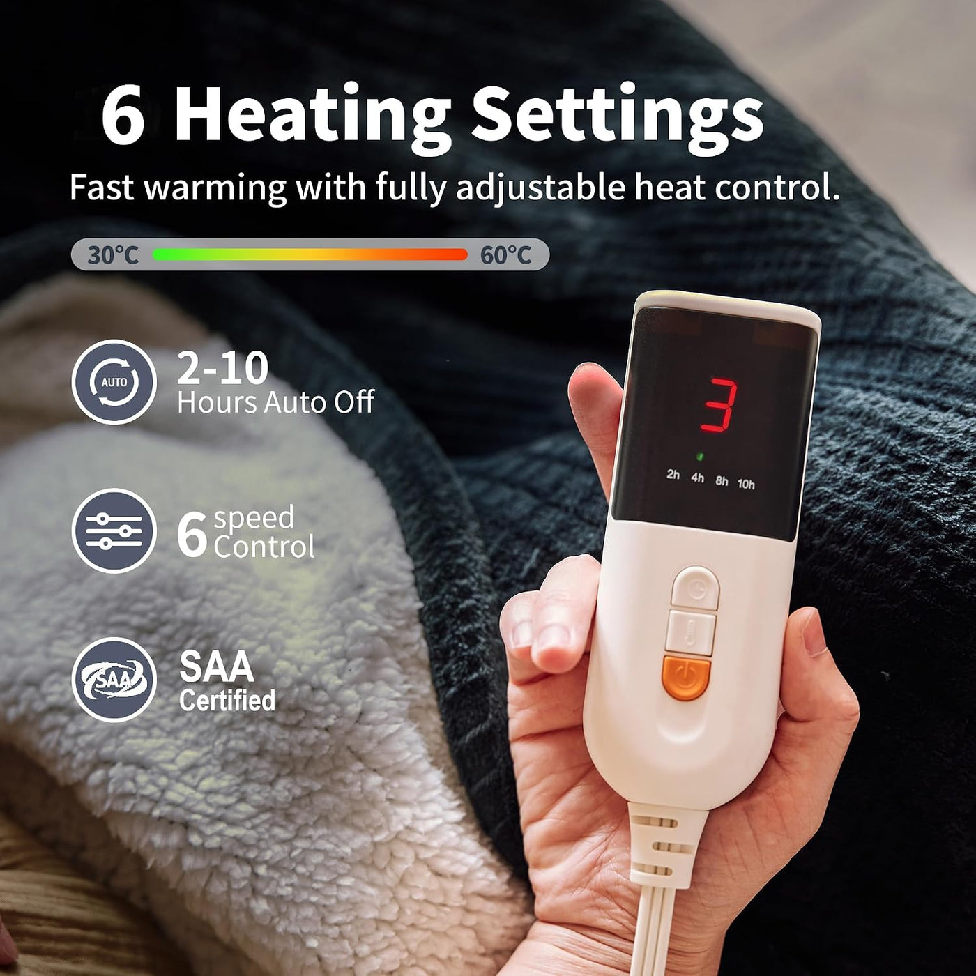 Electric Heated Throw Blanket – 6 Heat Settings, 10H Auto-Off, SAA Certified, Machine Washable