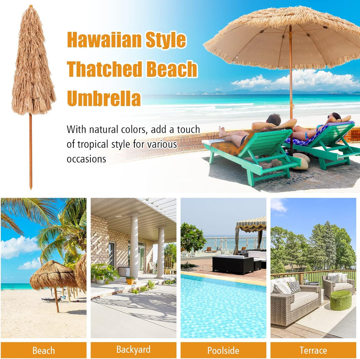 Costway 8 FT Thatched Tiki Umbrella, Hawaiian Style Outdoor Hula Umbrella w/8 Metal Ribs, 7-Tier Straw Top, Press Button, Portable Palapa Tropical Umbrella for Beach, Yard, Poolside, Natural …