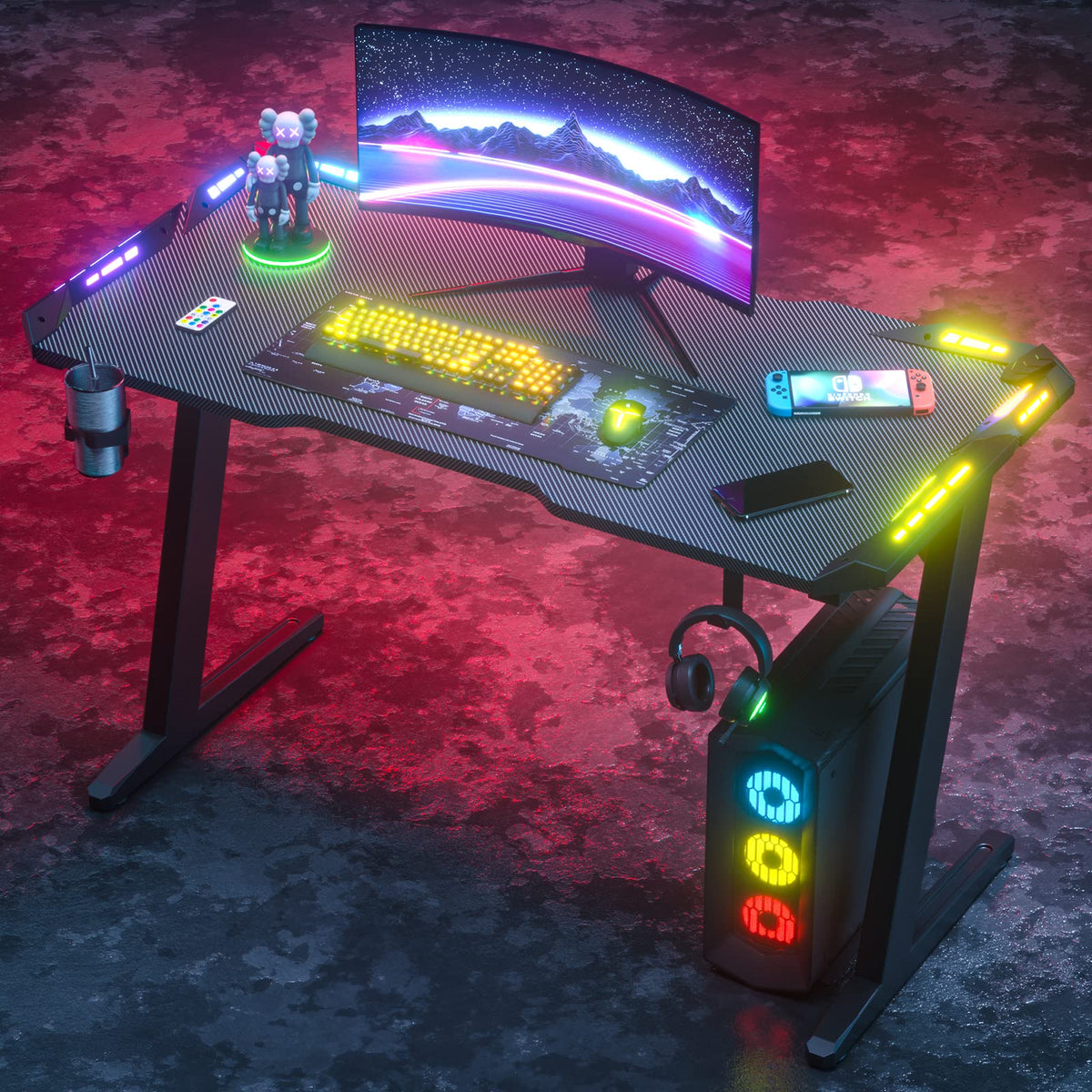 Gaming Desk LED Gaming Workstation RGB Light Computer Desk Z Shaped, Black Pc Desk with Carbon Fiber Surface Cup Holder & Headphone Hook, (120 * 60 * 75cm)