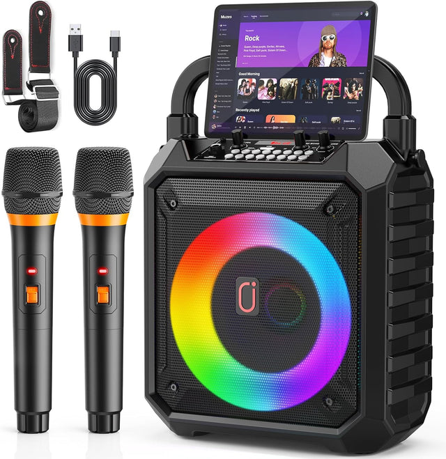 JYX Karaoke Machine 2 Microphones, Portable Bluetooth Karaoke Speaker with DJ Lights for Party & Outdoor, Wireless Microphone Karaoke for Adults, PA System Supports FM, USB, AUX, REC, TF