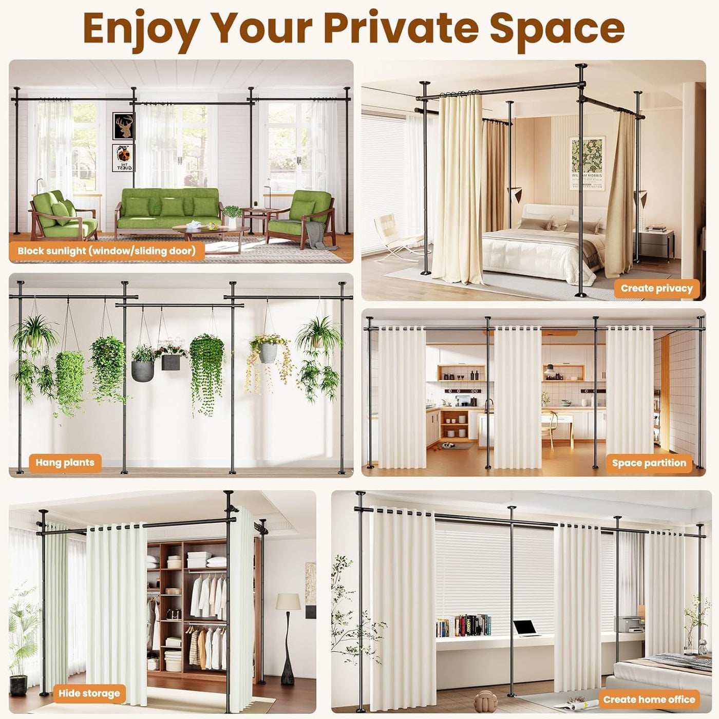 Tension Curtain Rod for Room Partition, No Drilling, 121-304cm(H) 71-434cm(W) | Floor to Ceiling Room Divider, Black, Strong Weight Capacity, Quick Assemble, Wall Divider for Bedroom Dorm Privacy