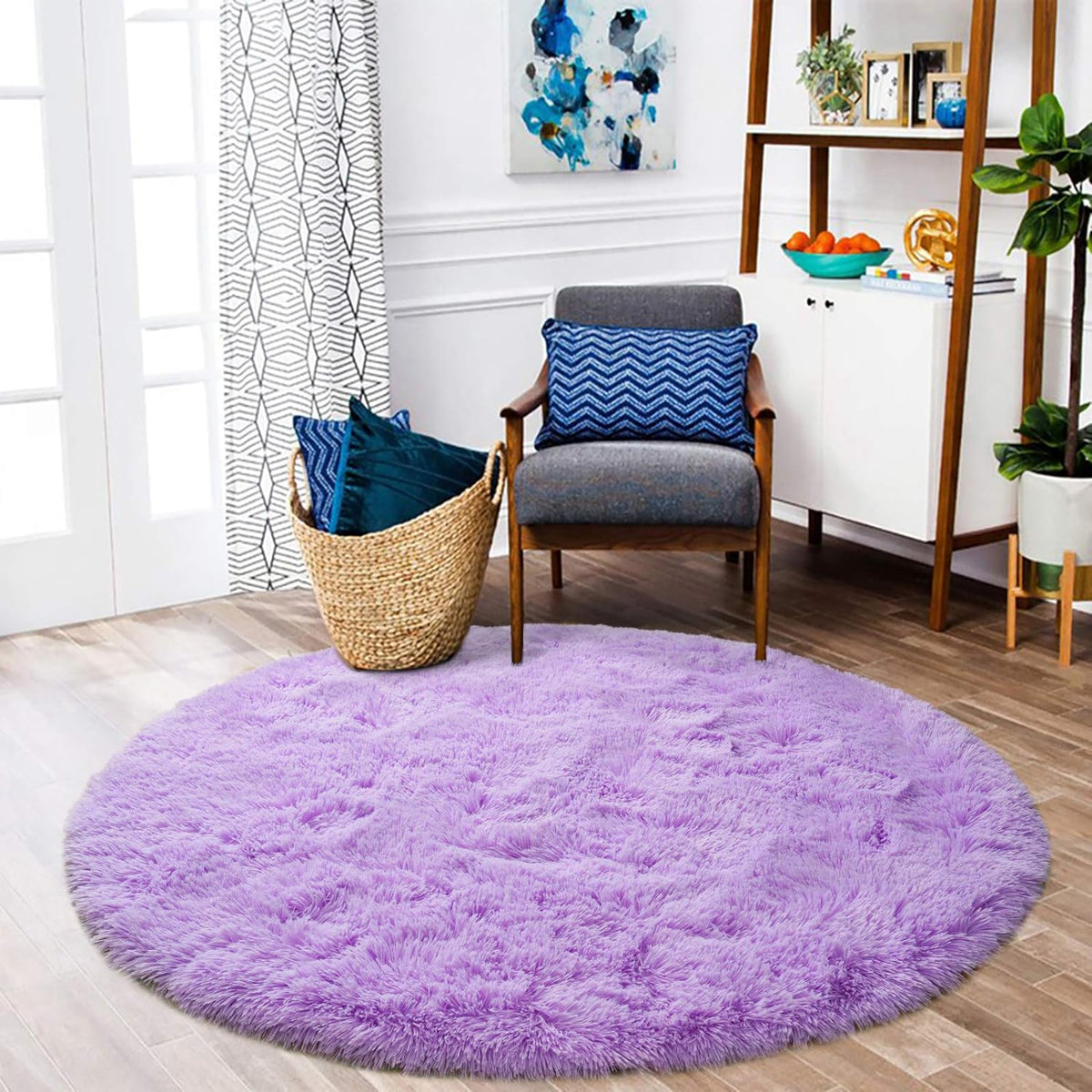 120 cm Round White Fluffy Shag Rug