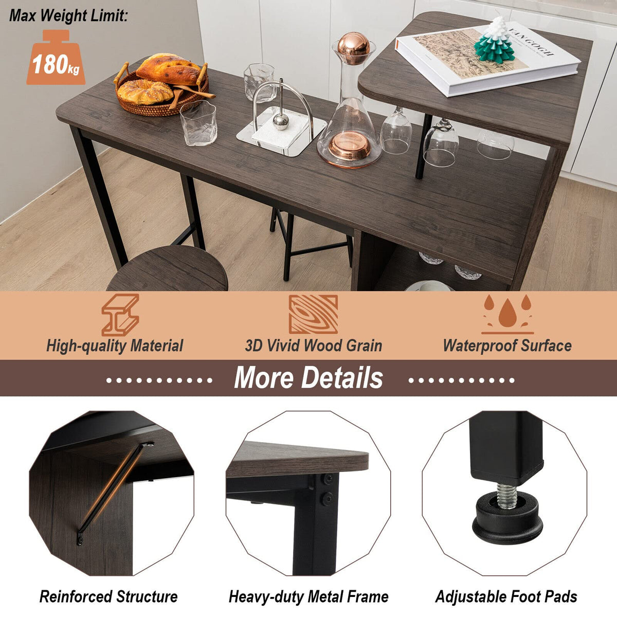 3-Piece Bar Table Set with Wine & Glass Storage