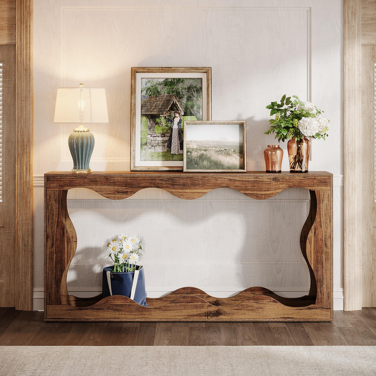 160 cm Farmhouse Console Table with Storage – Brown