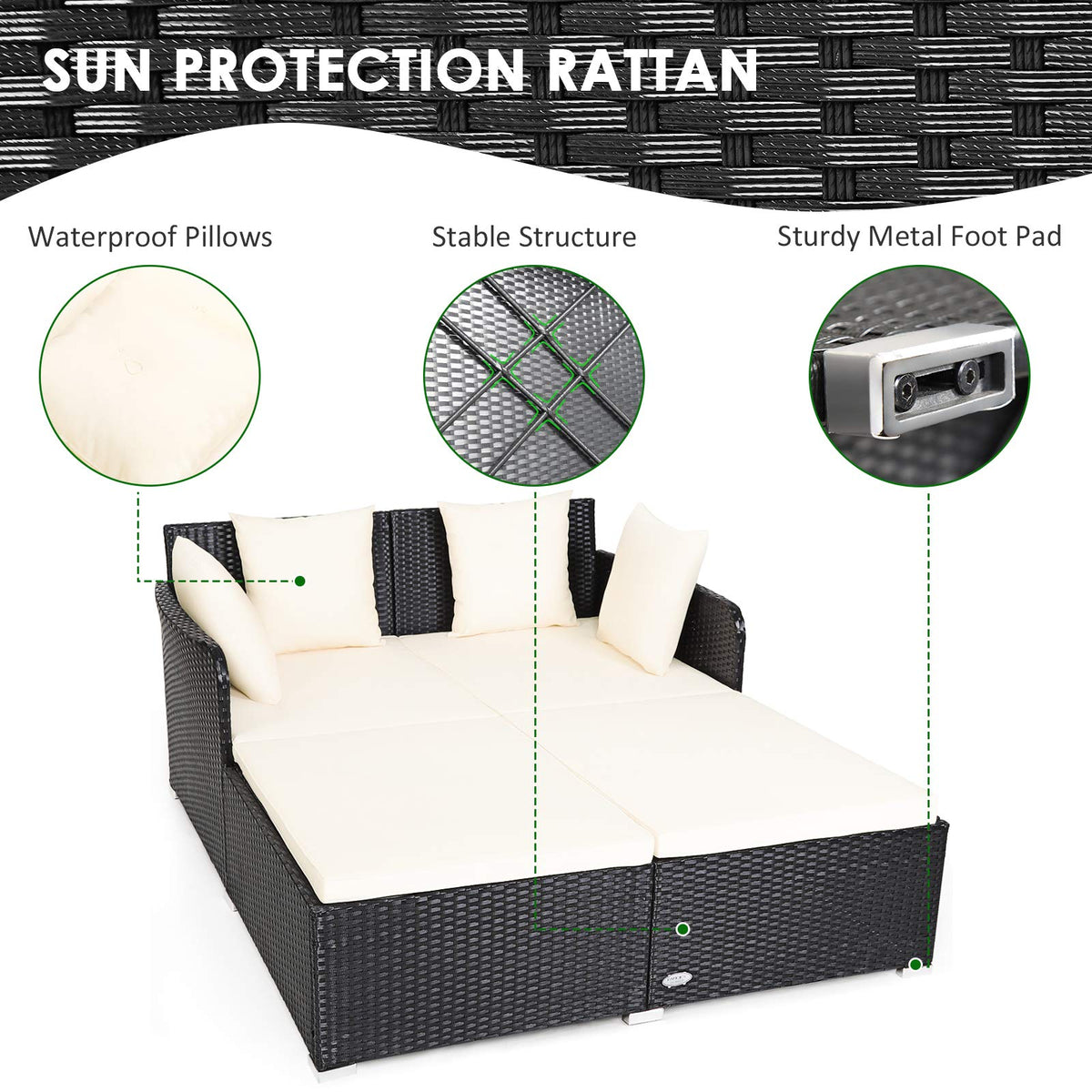 Beige Rattan Outdoor Daybed with Cushion & 4 Pillows