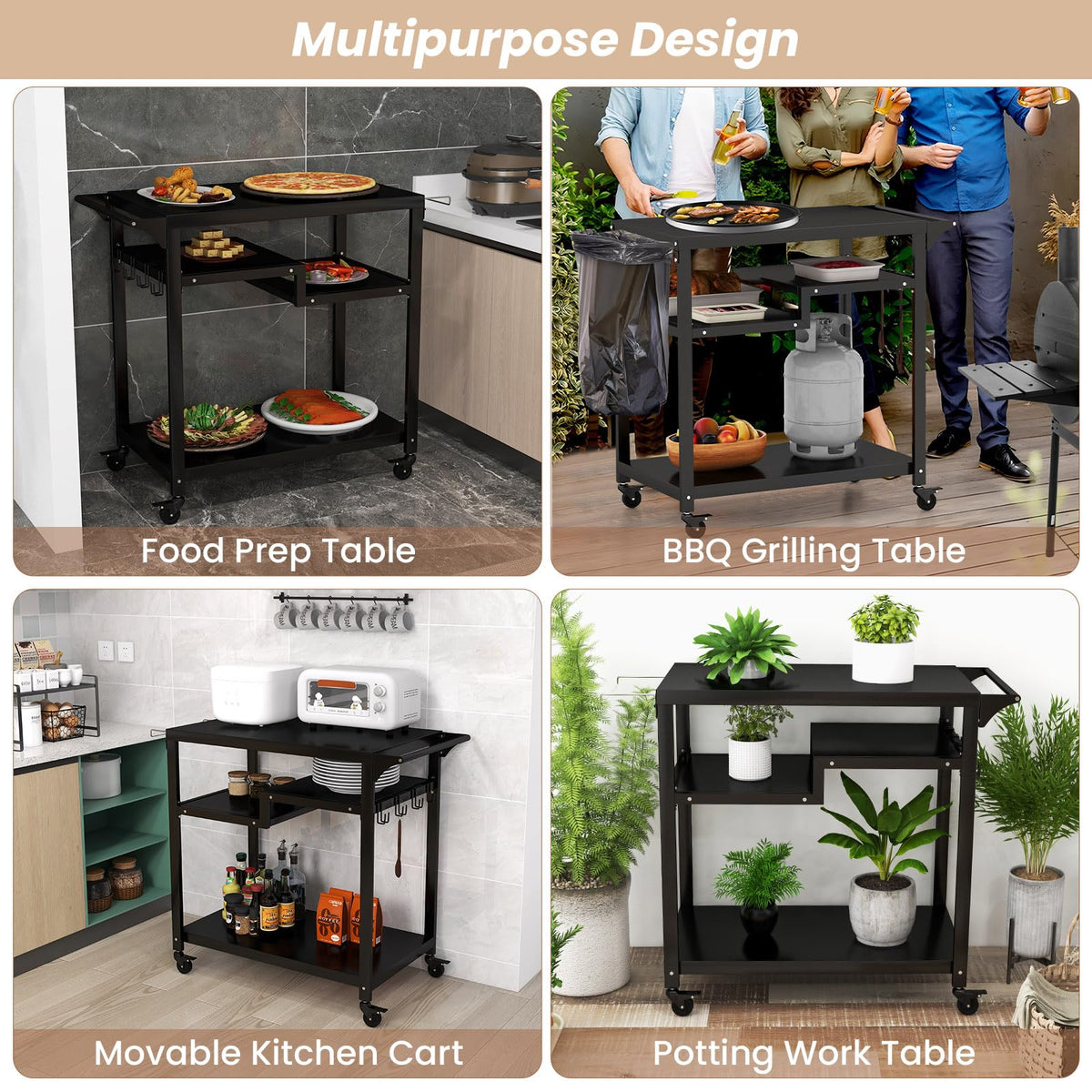 3-Shelf Outdoor BBQ & Pizza-Oven Prep Cart