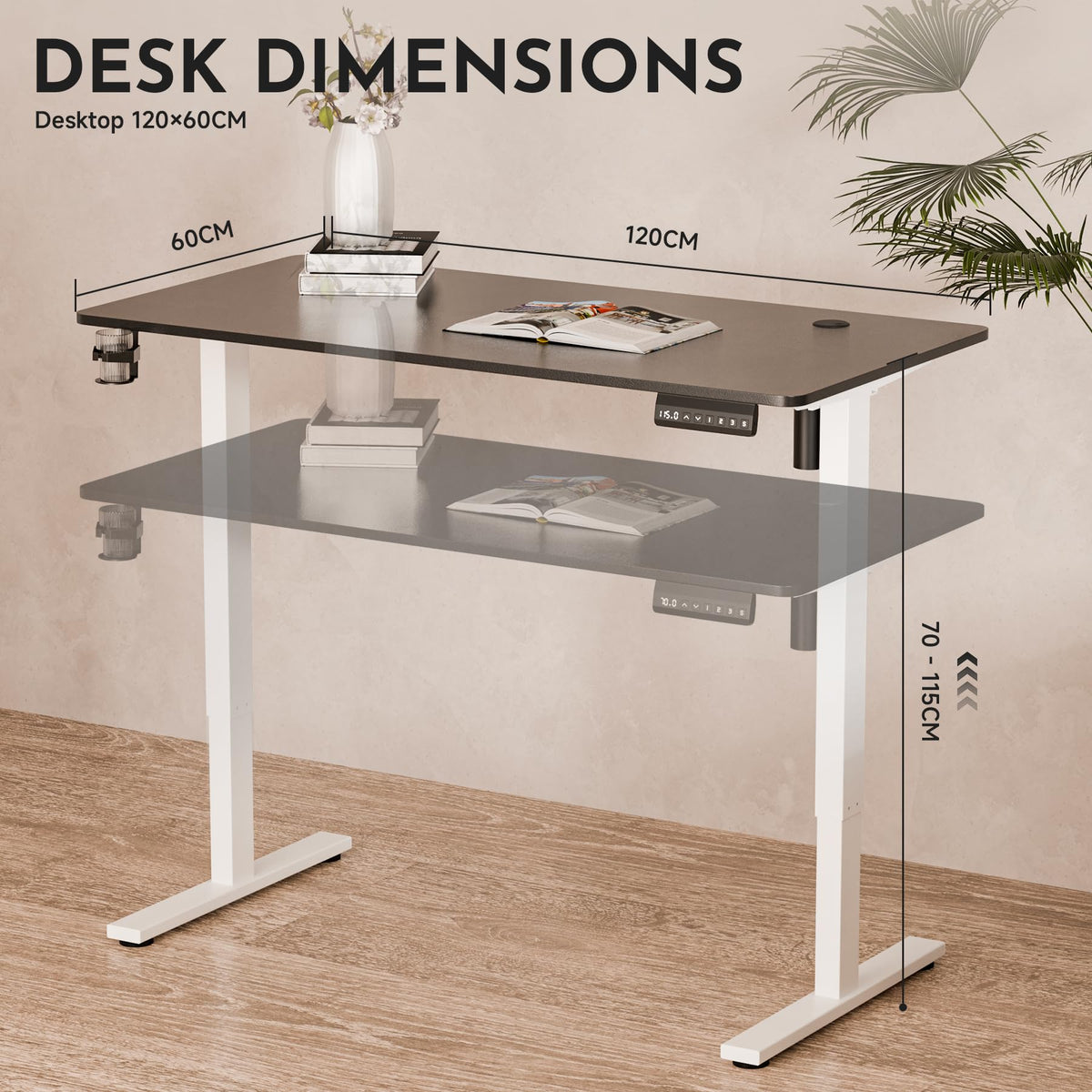 Electric Height Adjustable Standing Desk Whole-Piece Desktop Sit Stand Up Computer Desk Workstation with Memory Controller for Home, Office, Gaming 120×60cm (White Frame + Black Top)