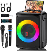 Karaoke Machine with 2 Microphones, Bluetooth Portable Speaker with DJ Party Lights, Support TWS, REC & PA, Ideal for Birthdays, Family Gatherings & Events (Black)