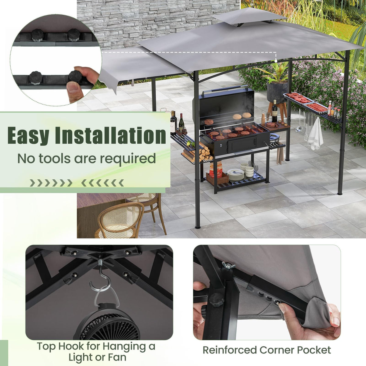 BBQ Gazebo with Side Awning, Shelves & Hooks