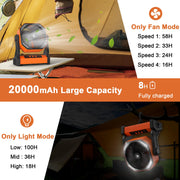 20,000 mAh Rechargeable Camping Fan with LED Light & Hook
