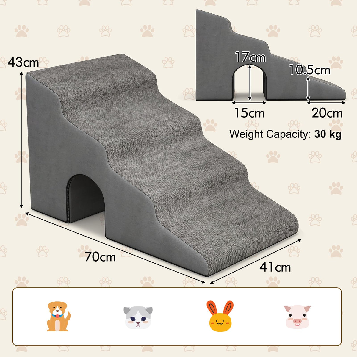 4-Tier Extra-Wide Grey Foam Pet Stairs with Washable Cover