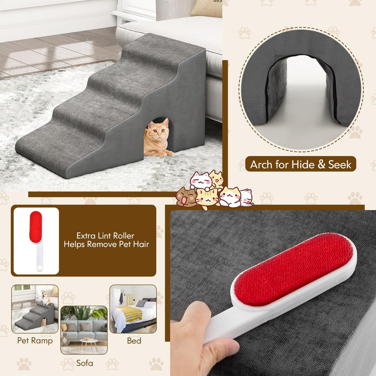 4-Tier Extra-Wide Grey Foam Pet Stairs with Washable Cover