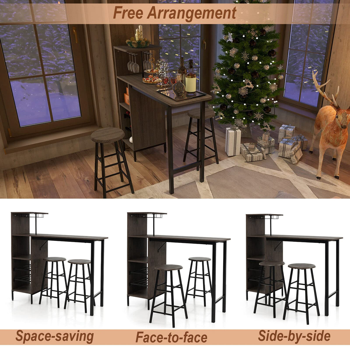 3-Piece Bar Table Set with Wine & Glass Storage
