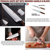 Kitchen Knife Set 15-Piece with Wooden Block. Ultra Sharp High Carbon German Stainless Steel Hammer Pattern Chef & Steak Knives. Full Tang Design with Forged Triple Rivet. Boxed Knife Set