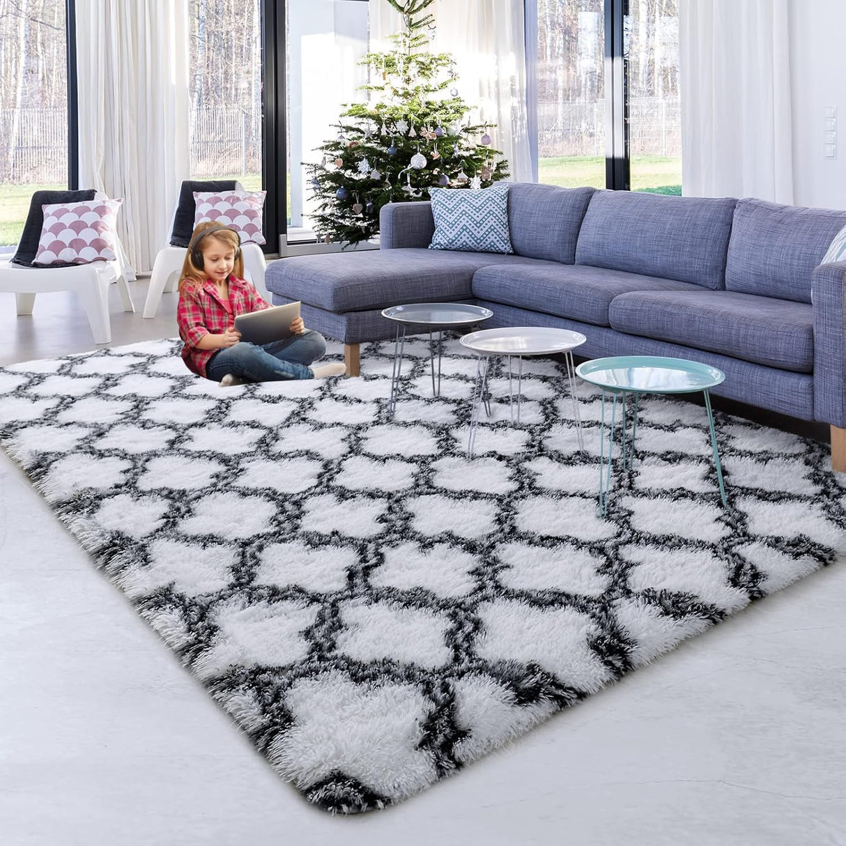 LLarge Area Rugs for Living Room, Ultra Soft Indoor Modern Fluffy Bedroom Carpets, Washable Furry Throw Rugs Area Carpets for Children Bedroom Home Decor Nursery Rug (White/Black, 200 x 300 CM)