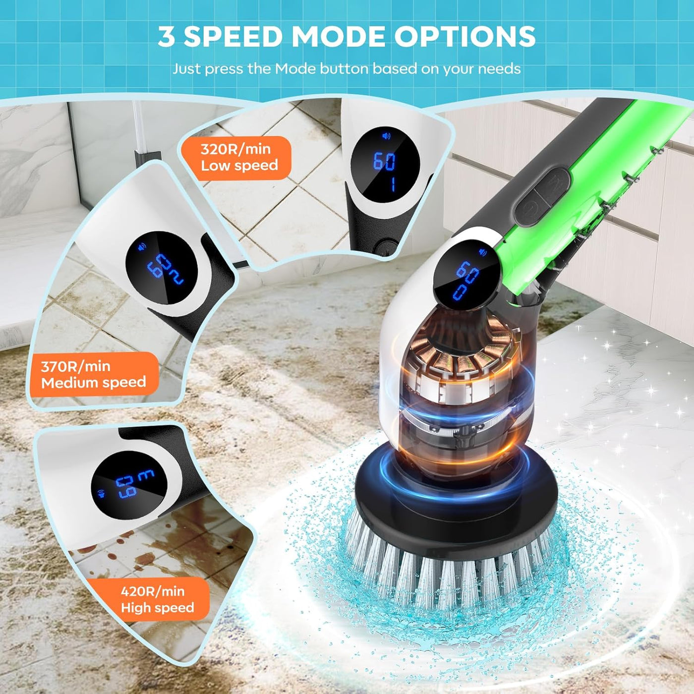 Electric Spin Scrubber,Cordless Cleaning Brush,Shower Cleaning Brush with 8 Replaceable Brush Heads, Power Scrubber 3 Adjustable Speeds,Adjustable & Detachable Long Handle,Voice Broadcast