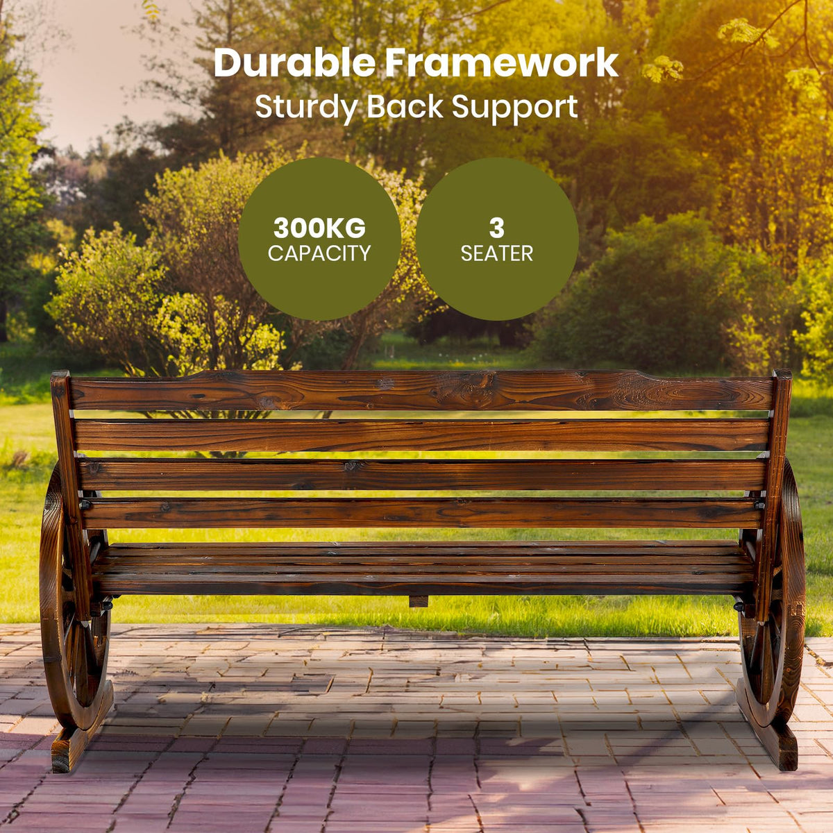 142 cm 3-Seat Fir-Wood Wagon-Wheel Garden Bench – Up to 300 kg
