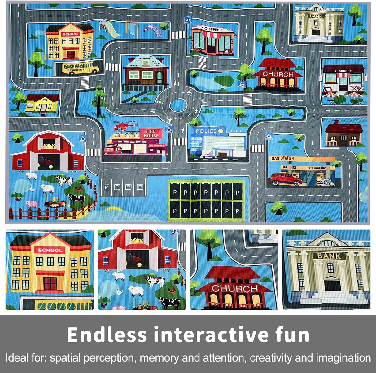 Play Mat Kids Rug Carpet Playmat Extra Large Learn Have Fun Safe Road Traffic System Multi Color Study Activity Centerpiece Play Mat for Playing with Cars for Bedroom Playroom