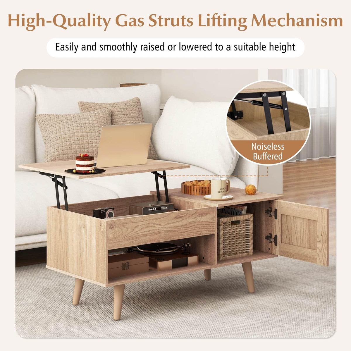 Lift-Top Coffee Table with Hidden Cabinet & Open Shelf