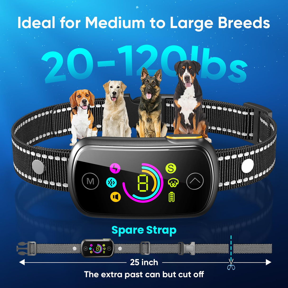 Dog Bark Collar, Customizable Bark Collar for Large Medium Dogs, Smart Anti Barking Training Collar with Adjustable Beep Vibration Shock and Sensitivity, Automatic Stop Barking with Replacement Strap