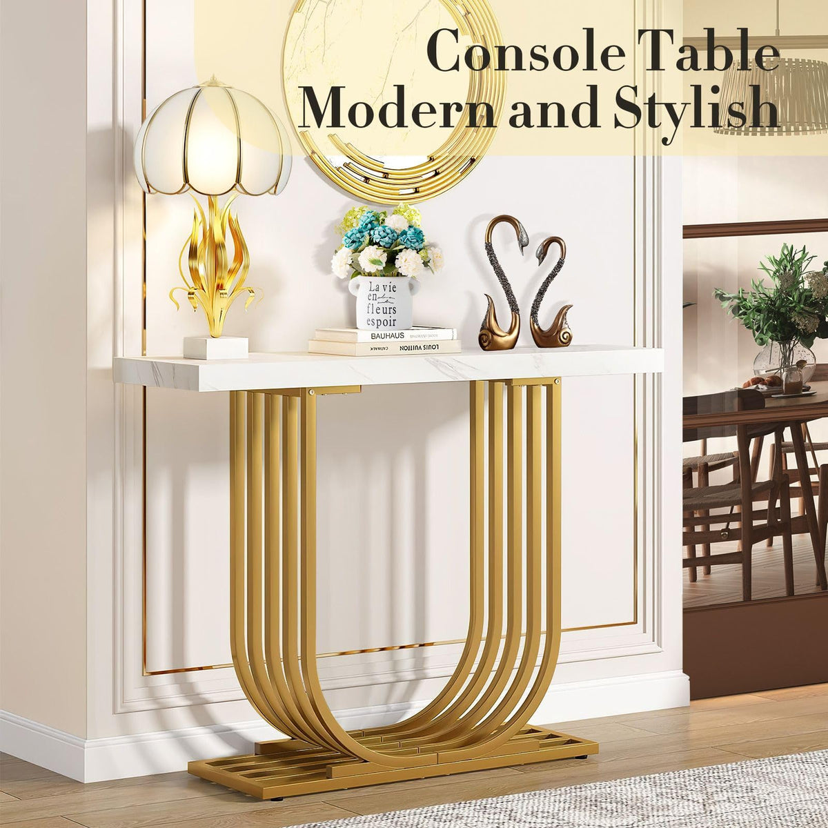 U-Shaped White Marble-Style Console Table