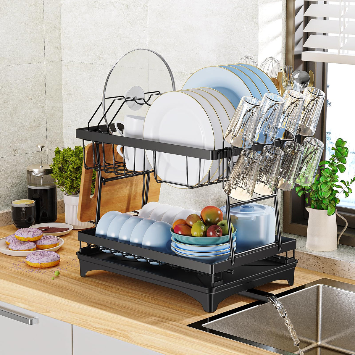 Large Black 2-Tier Dish Rack with Swivel Drain Spout