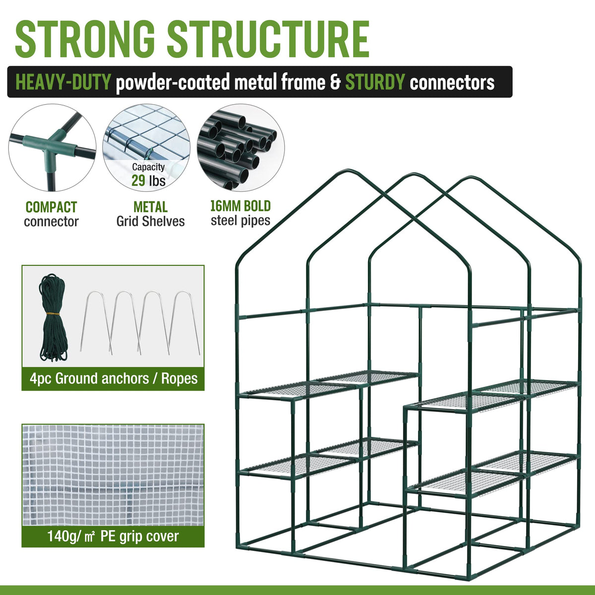 142 × 142 × 196 cm Walk-In Greenhouse with 8 Shelves