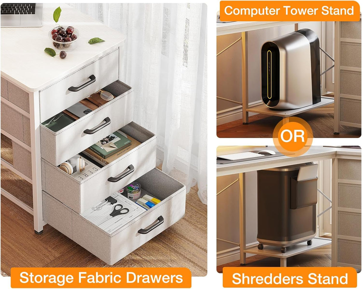 ODK L Shaped Computer Desk with Monitor Stand 140x80cm,Reversible Corner Gaming Desk with LED Lights & Power Outlets& Storage Drawers,for Home Office Writing Study,140 * 80 * 89cm,White