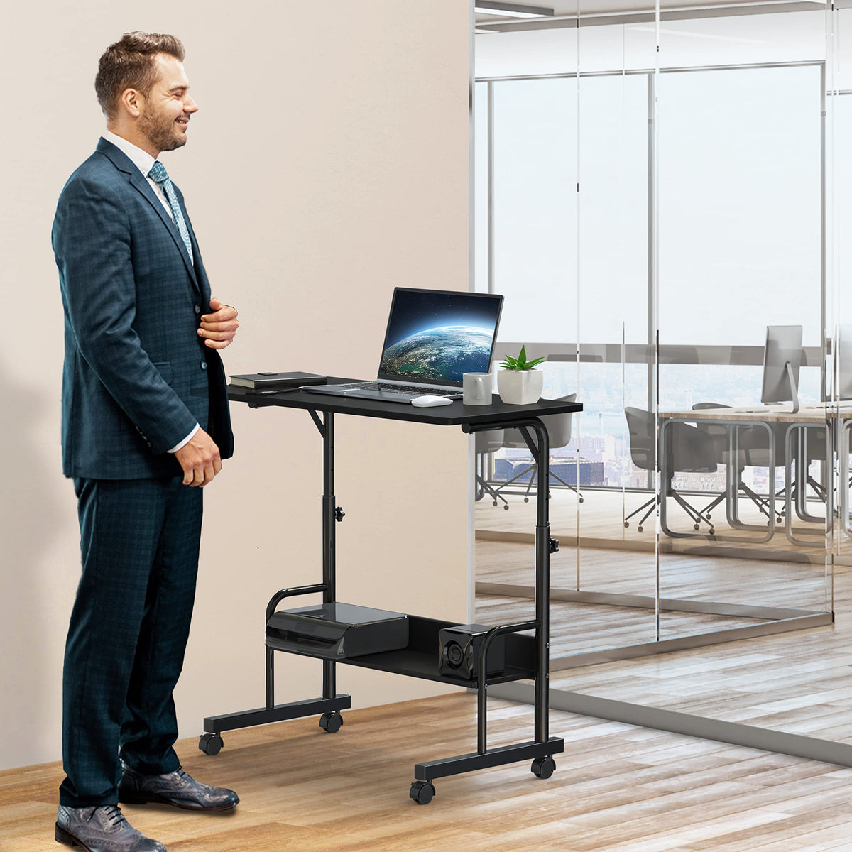 Black Adjustable Mobile Standing Desk with Locking Wheels