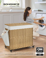 SONGMICS Laundry Hamper with Lid, 42.3 Gallons (160 L), Rolling Laundry Basket with Wheels, 3-Section Synthetic Rattan, Removable Liner, Bedroom, 27.6 x 14.2 x 26 Inches, Natural ULCB365N01