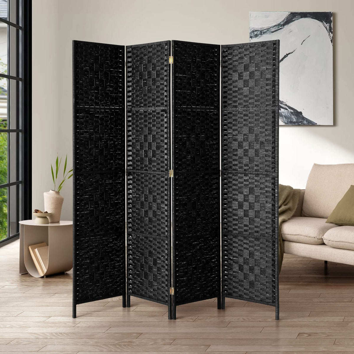 Black 4-Panel Pine & Woven-Rattan Room Divider – 170cm