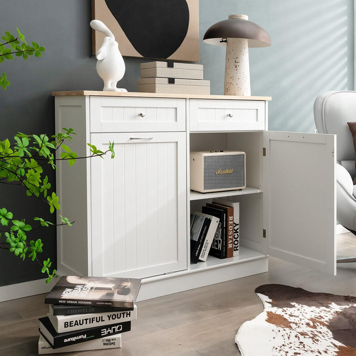 White Tilt-Out Bin Cabinet with 2 Drawers & Rubberwood Top