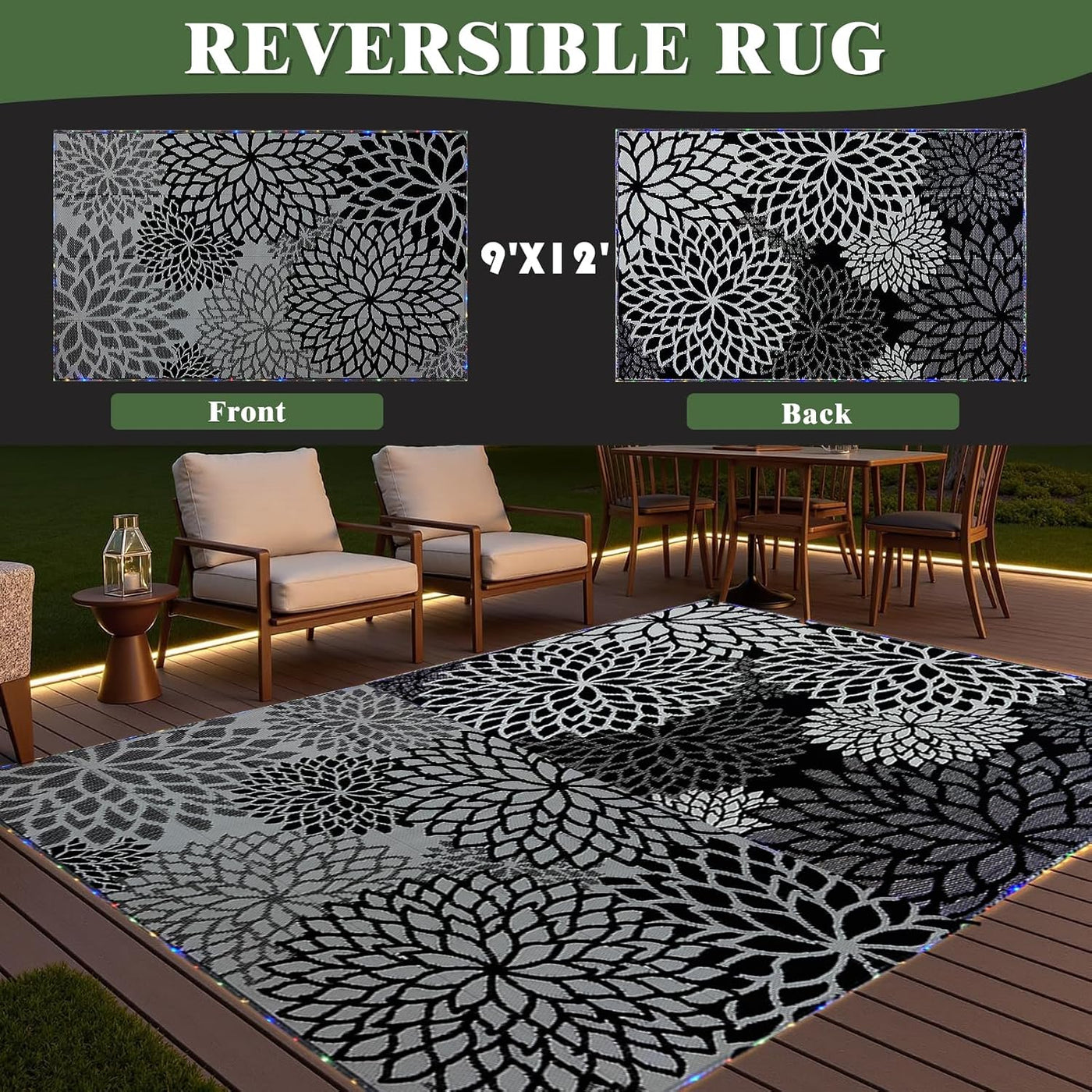 LED Outdoor Rug 274x365cm Waterproof with Light, Reversible Outdoor Plastic Straw Rug for Patios Clearance, Outdoor Area Rug Carpet RV Mat for Camping Backyard Deck Porch