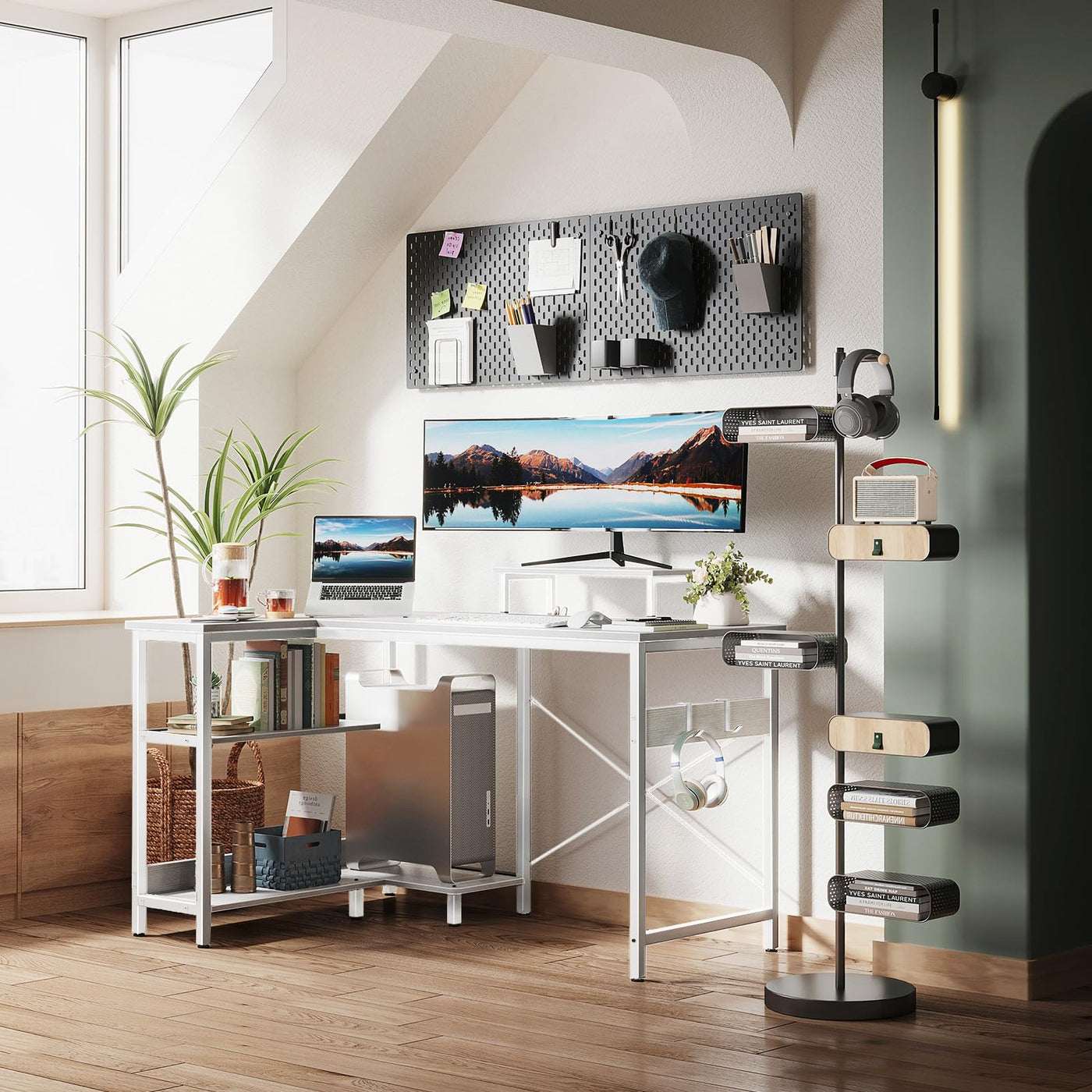 Reversible L-Shaped Desk with Shelves & Monitor Stand