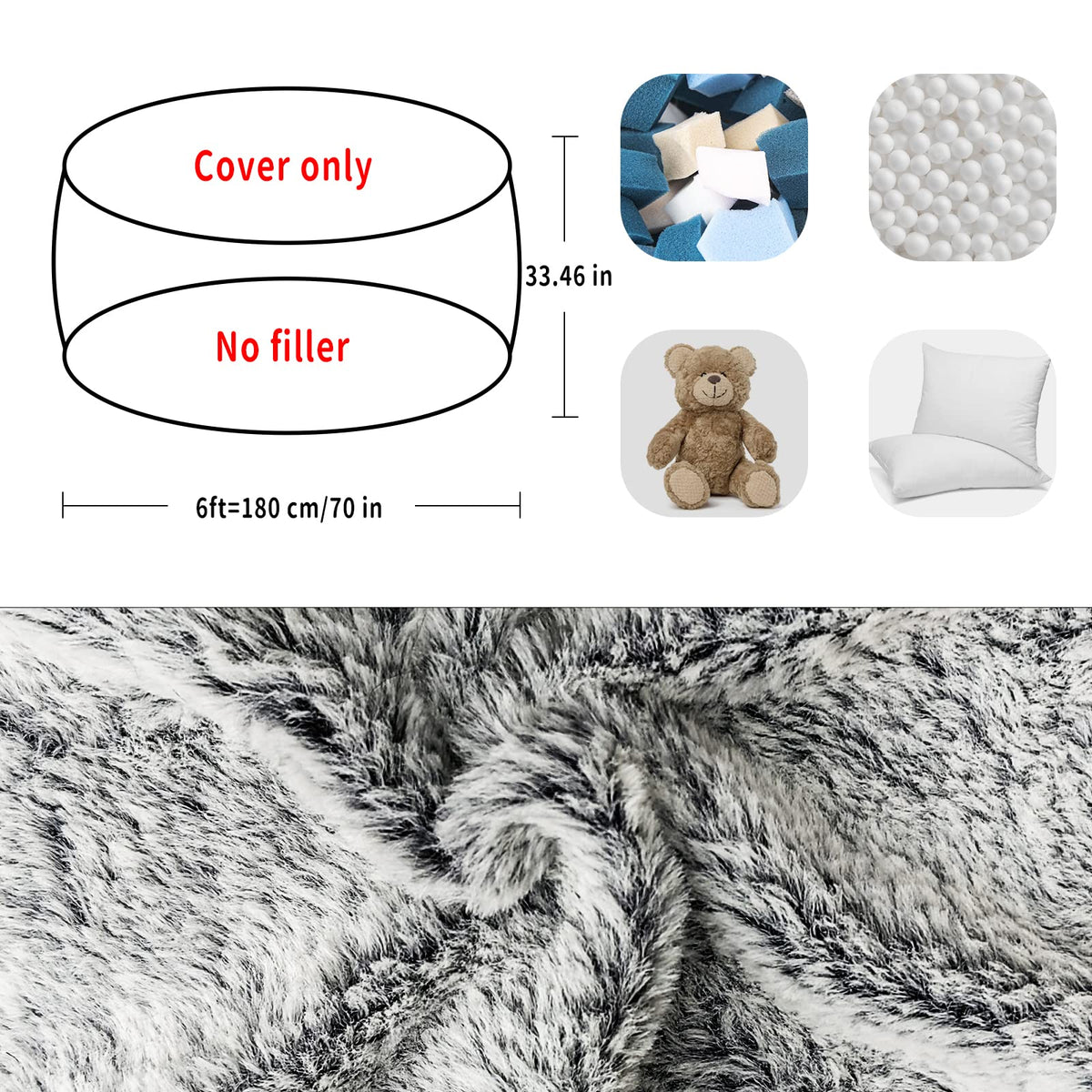 180 cm Fluffy Bean Bag Cover – Snow Grey, Cover Only