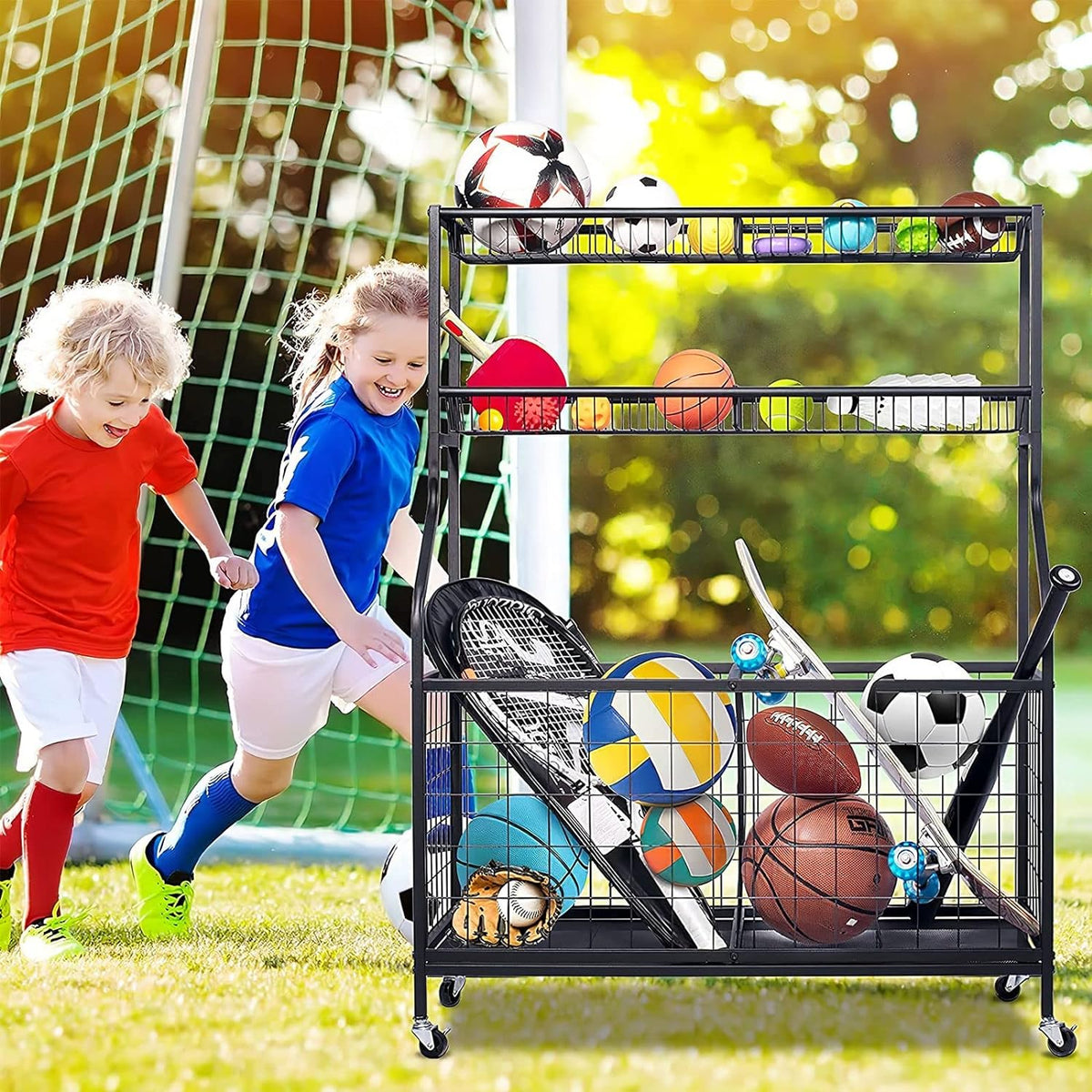 Rolling Sports-Ball Storage Rack with Baskets & Hooks