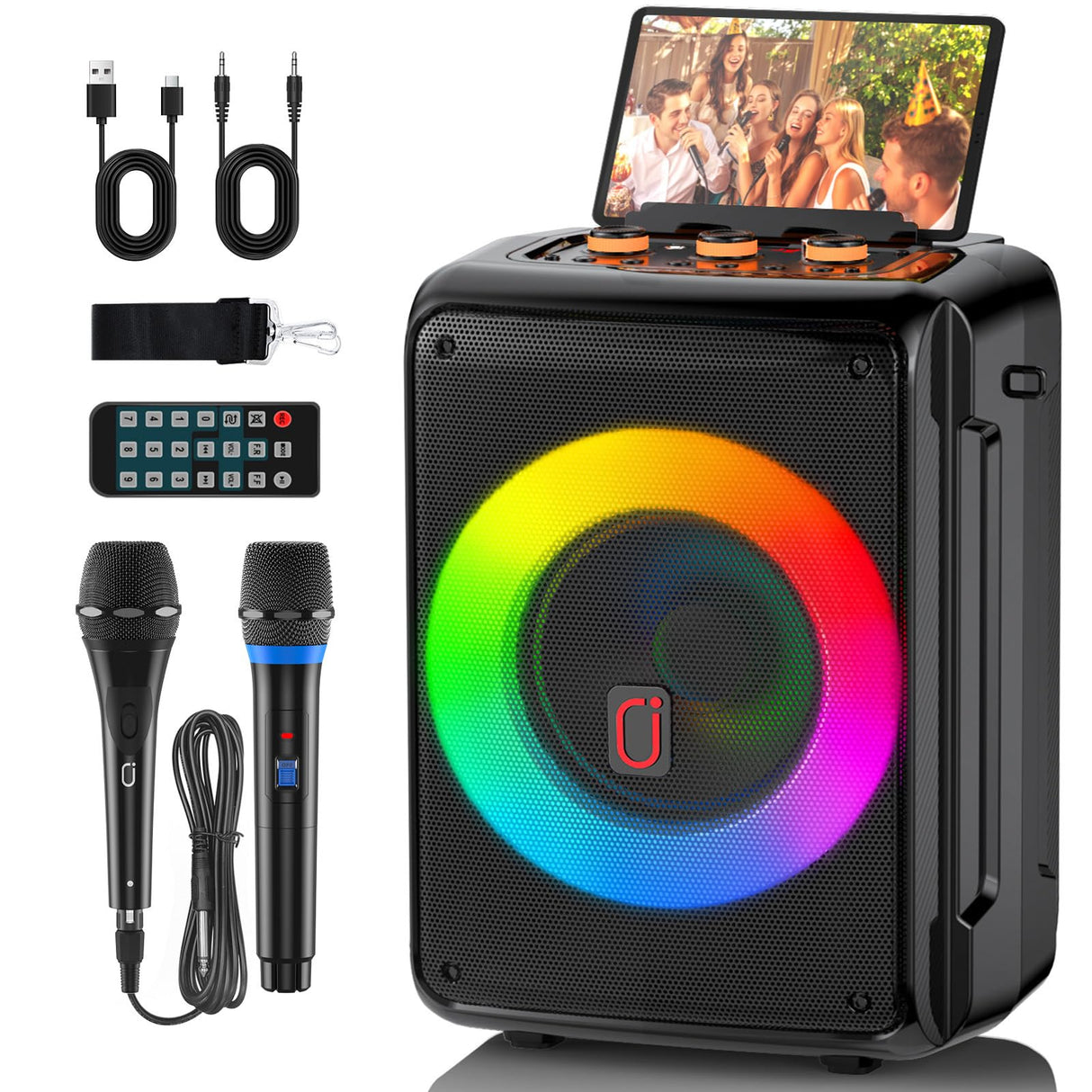 Karaoke Machine with 2 Microphones, Bluetooth Portable Speaker with DJ Party Lights, Support TWS, REC & PA, Ideal for Birthdays, Family Gatherings & Events (Black)