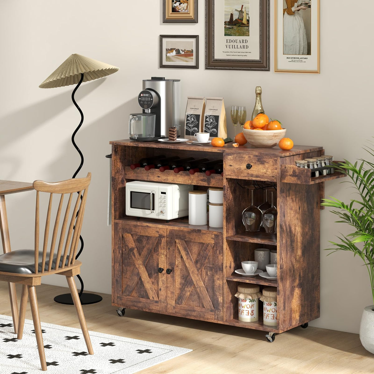 121 cm Rolling Kitchen Island with Drop Leaf, Wine Rack & Storage