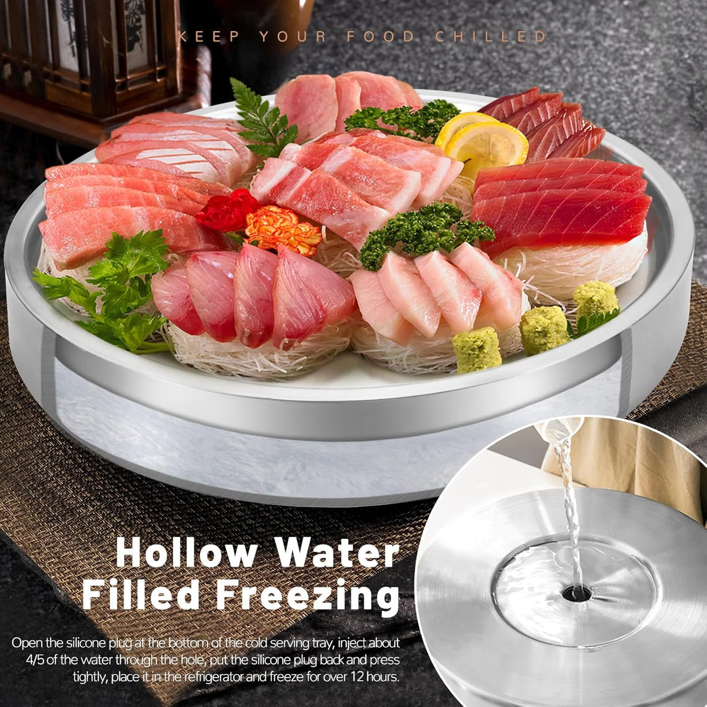 Stainless-Steel Chilled Serving Tray with Ice Chamber