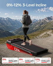 4-in-1 Under-Desk Walking Pad Treadmill with 12% Incline – 3.0HP Quiet, Portable Home Fitness