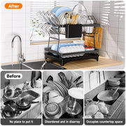Large Black 2-Tier Dish Rack with Swivel Drain Spout