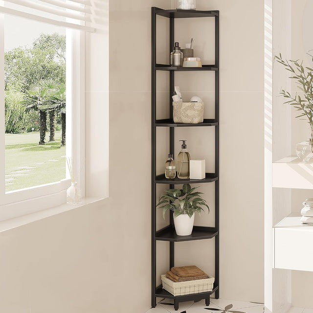 Hzuaneri Corner Shelf Stand, Corner Bookshelf, Storage Standing Shelf Unit with Metal Frame, Plant Stand, Corner Bookcase for Living Room, Home Office, Bedroom, Black CS06006B