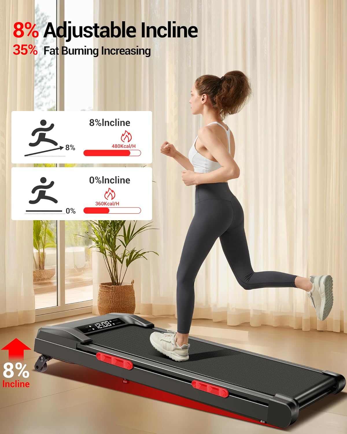 10% Incline Treadmill with Handle for Home and Office, Foldable Treadmills with 265 Lbs Weight Capacity, 2.5HP Quiet Walking Pad Treadmill, Three LED Screen Display