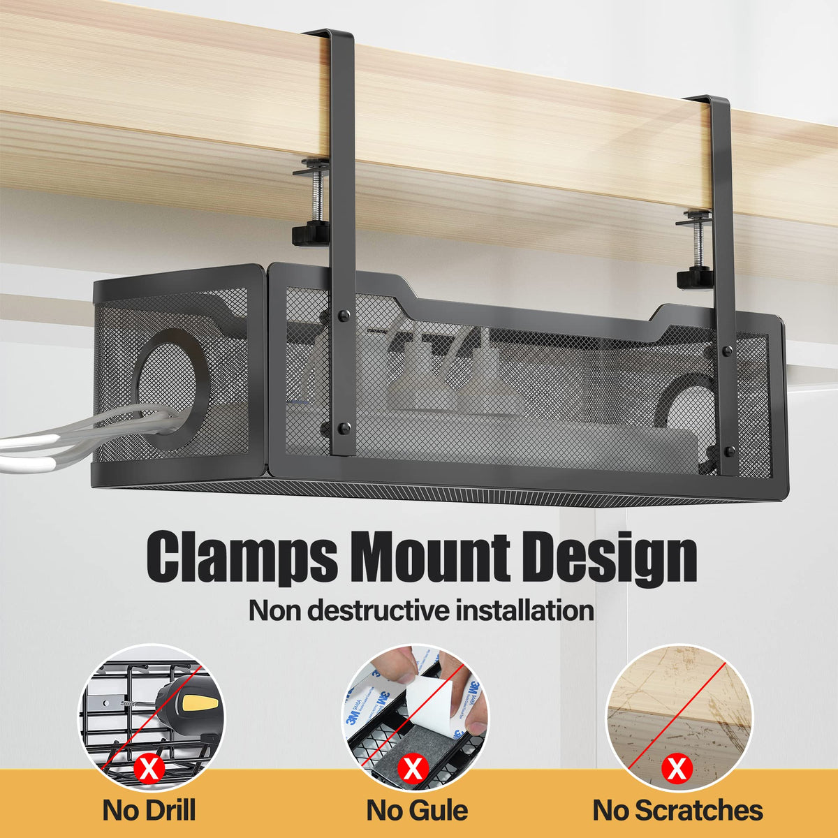 15.7-Inch Clamp-On Under-Desk Cable Tray – Black