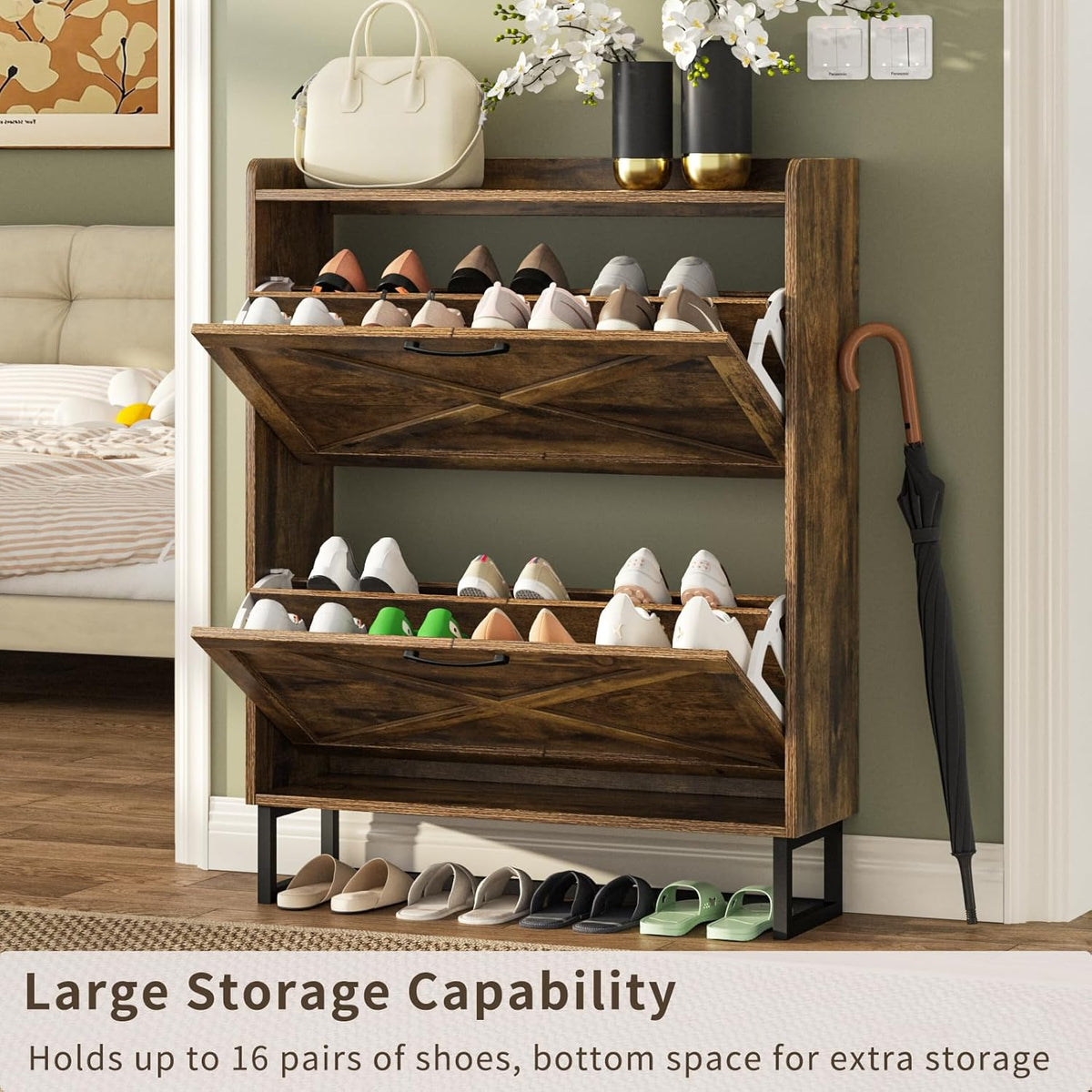Rustic-Brown Shoe Cabinet with 2 Flip Drawers